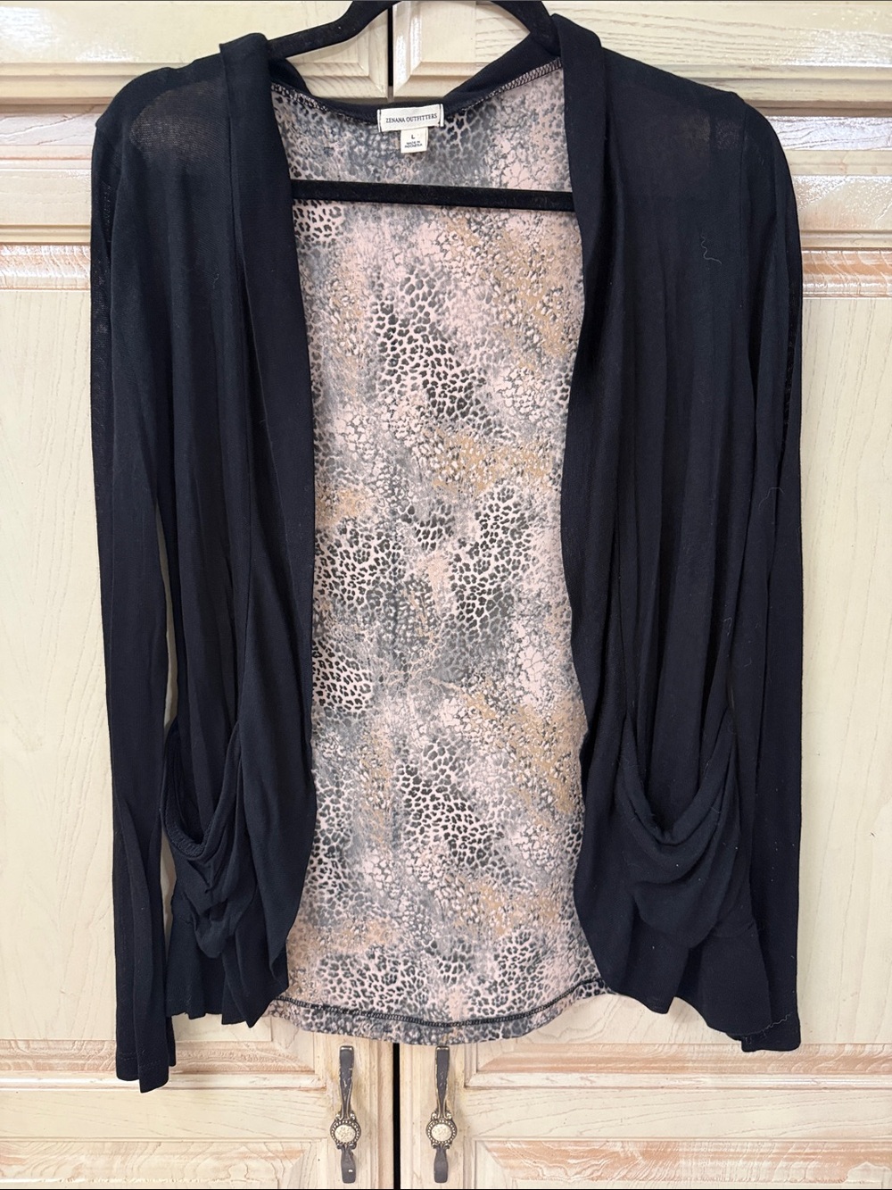 Zenana Outfitters Black Draped Cardigan with Leopard-Print Lining